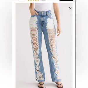 Good American The Khloé High Waist Ripped Denim Straight Leg Jeans size 14 new